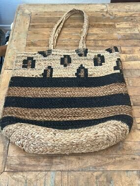 Unbranded Jute Tote Bag Large 20" Double Strap Shoulder Brown Striped 100% Jute